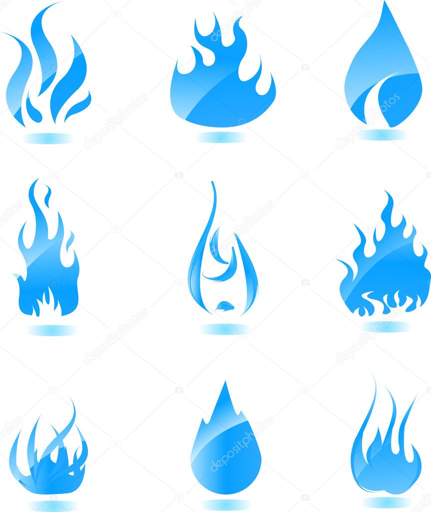 Blue glossy fire icon. Big set
