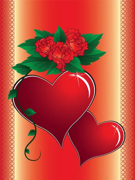 Två hjärtan, rosor och fläta — Stockfoto
