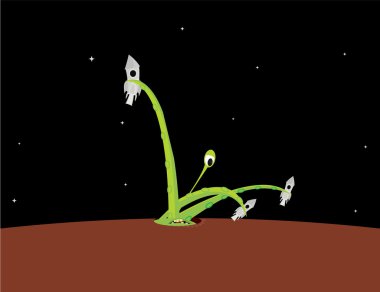 Green alien attacking space rockets clipart