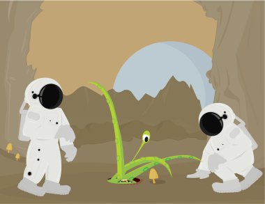 Astronauts and alien on planet surface clipart