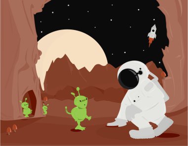 Astronaut and aliens on planet surface clipart