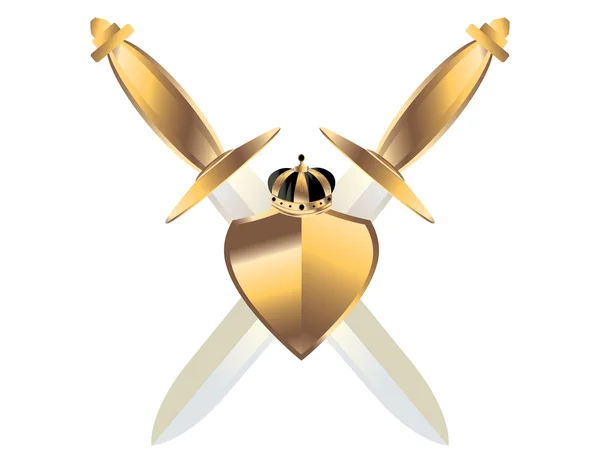 Espadas de oro empuñadas bajo escudo de oro ingenio — Archivo Imágenes Vectoriales