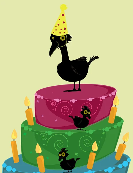 Vögel mit Geburtstagstorte — Stockvektor