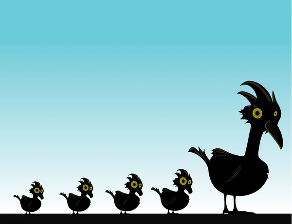 Schwarzer Vogel mit Baby-Vögeln — Stockvektor