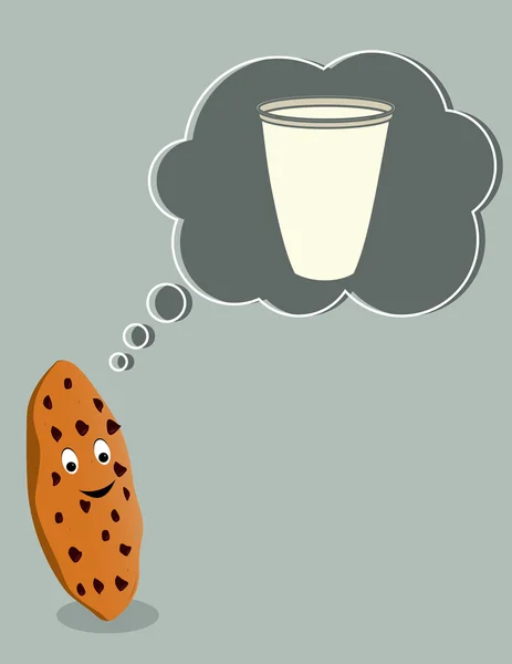 Chocolate chip cookie thinking of milk — Stock Vector