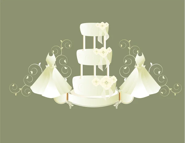 Wedding dress and cake gray background — Stock Vector