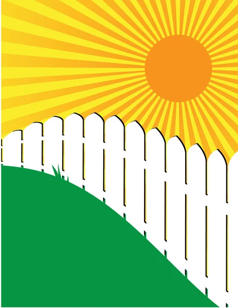 Сонячний білий паркан і трава сцена 1 — стоковий вектор