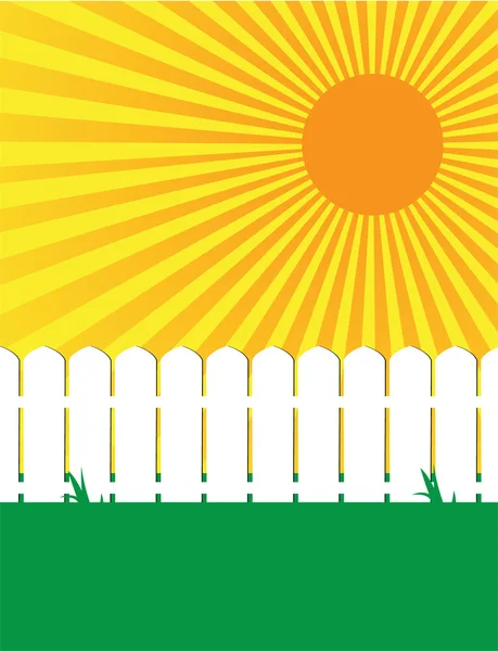 Sunny white fence and grass scene 2 — Stock Vector
