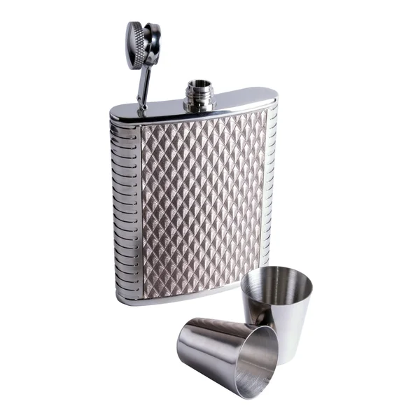 Alcohol grooved flask and two steel drin — Stock Photo, Image
