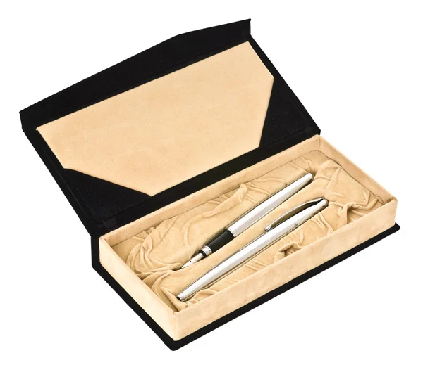 Beige and black gift box with two pen — Stock Photo, Image