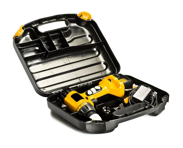 Caja de herramientas con conjunto de taladro amarillo —  Fotos de Stock