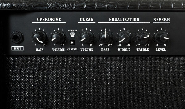 Guitar amplifier control panel closeup