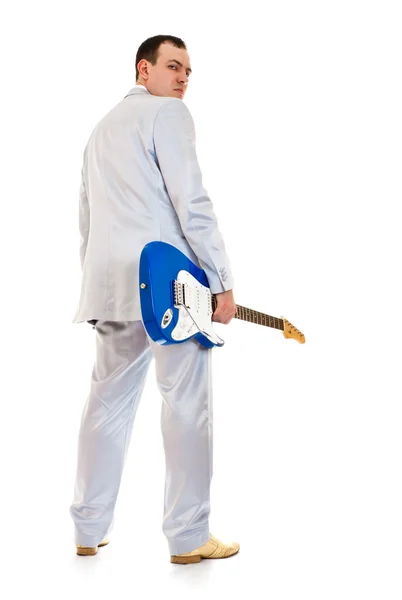 Man electric guitar look back — Stock Photo, Image