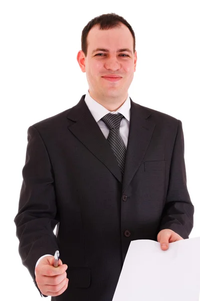 Smiling businessman offer sign paper — Stock Photo, Image
