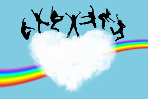 Silhouettes of the jumping on a heart in the sky — Stock Photo, Image