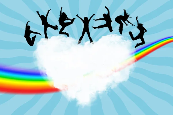Silhouettes of the jumping on a heart in the sky — Stock Photo, Image