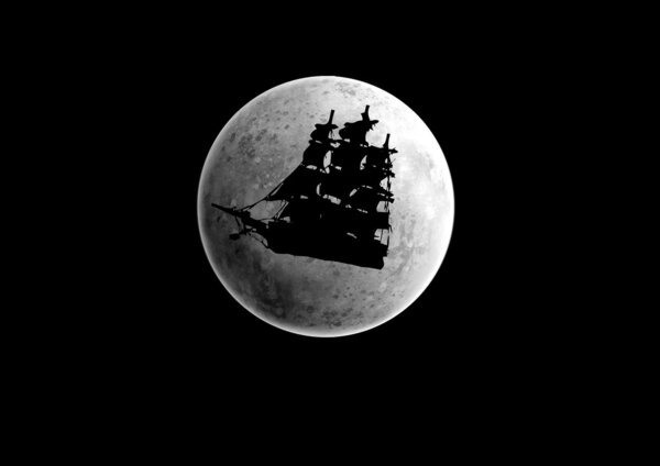 Black silhouette of a ship which float under the moon