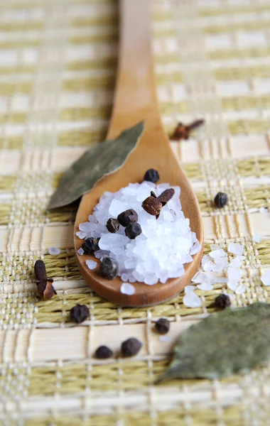 Деревянная ложка с морской солью и черным бодрячком — стоковое фото