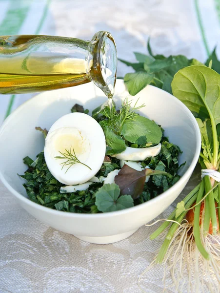 Salada de ervas daninhas de primavera vestida com oi de azeitona Imagem De Stock
