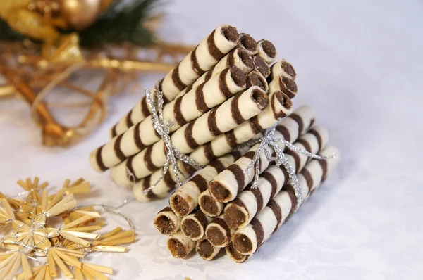 Stacks of chocolate logs for Xmas — Stock Photo, Image