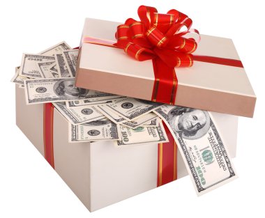 Gift box with banknote of dollar. clipart