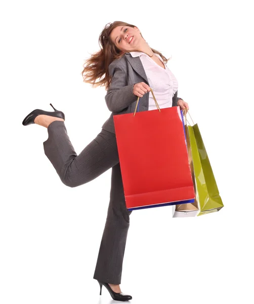 Femme d'affaires riante avec sac cadeau . — Photo