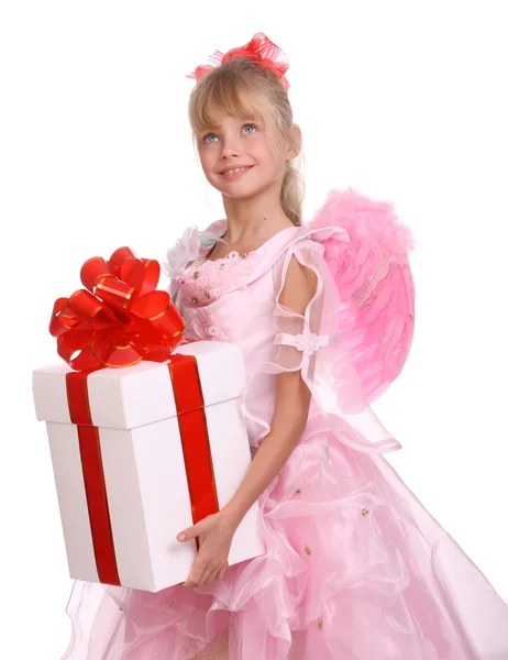 Anjo com asas rosa e caixa de presente branca — Fotografia de Stock