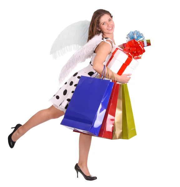 Angel with gift bag and box. — Stock Photo, Image