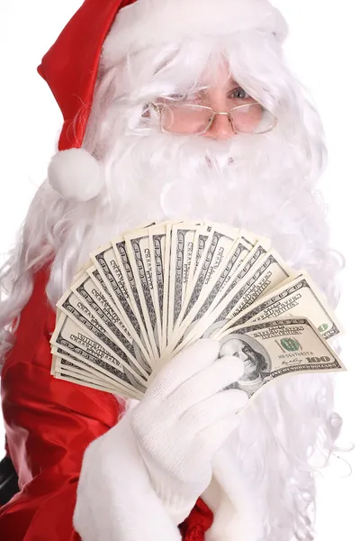 Santa claus gospodarstwa pieniądze. — Zdjęcie stockowe