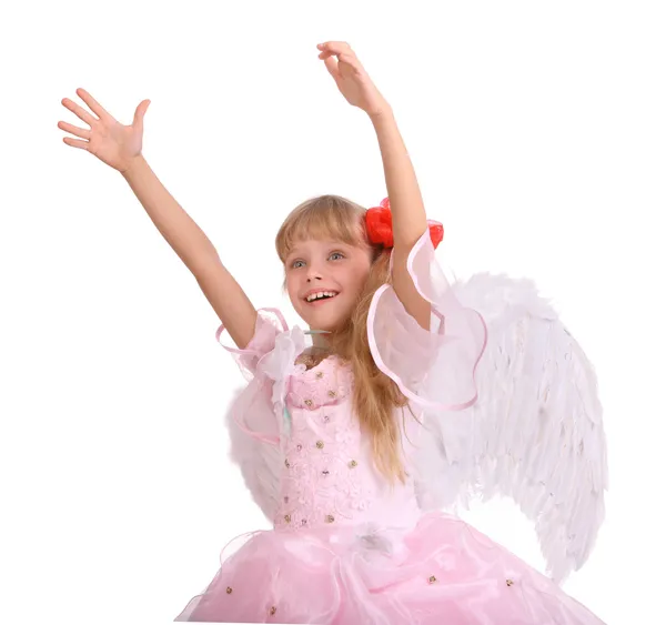 La chica sonriente disfrazada de ángel . — Foto de Stock