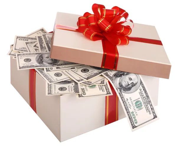 Caja de regalo con billete de dólar . — Foto de Stock