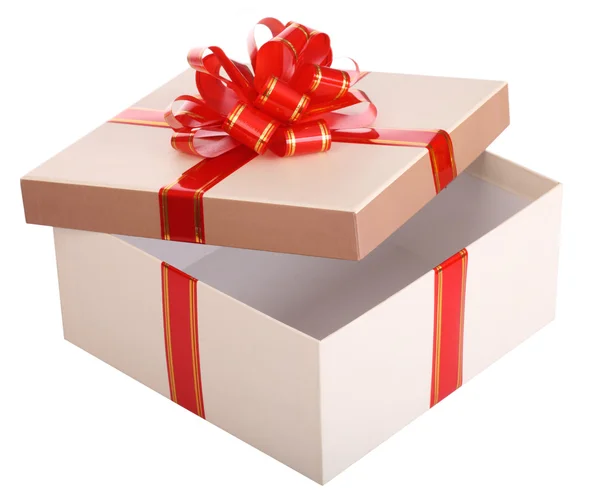 Abrir caja de regalo vacía y lazo rojo . — Foto de Stock
