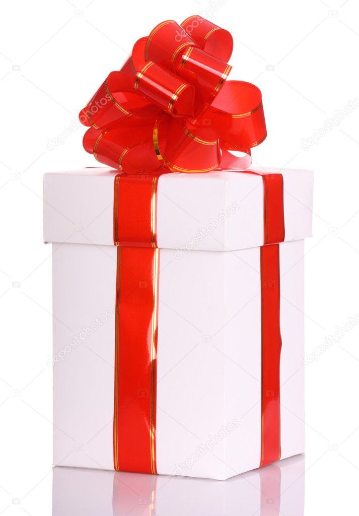 White gift box and red bow.