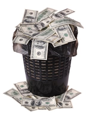 A money is in a trash bucket. clipart