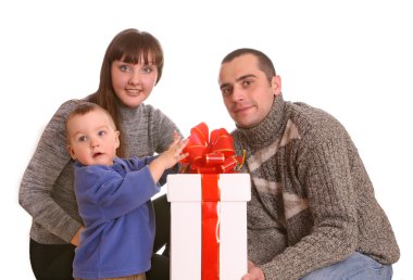 Happy family with white gift box. clipart