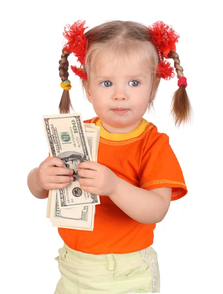 Dítě dívka v oranžové barvě s dolar peníze. — Stock fotografie