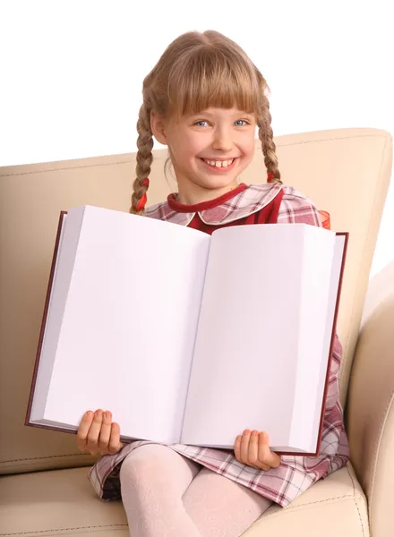 Felicidade menina mostrar livro vazio . — Fotografia de Stock