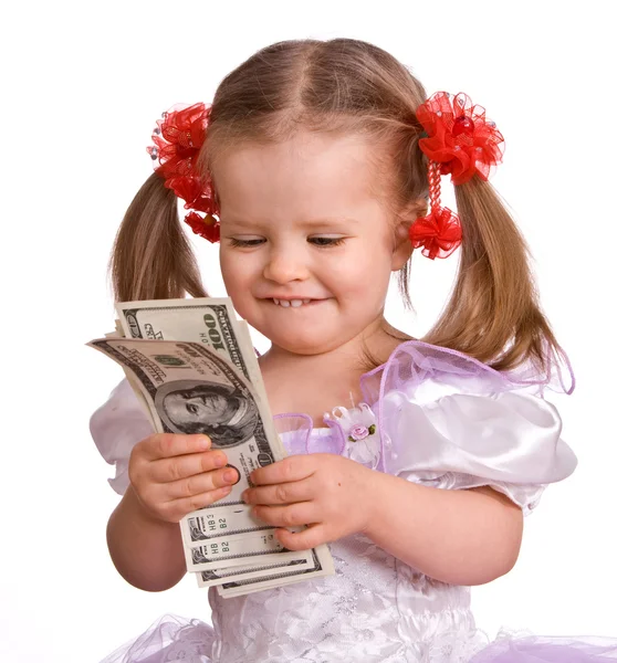 Bambina con banconota in dollaro . — Foto Stock