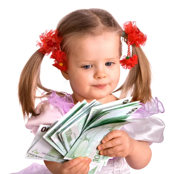 Pengar euro och barn tjej i klänning. — Stockfoto