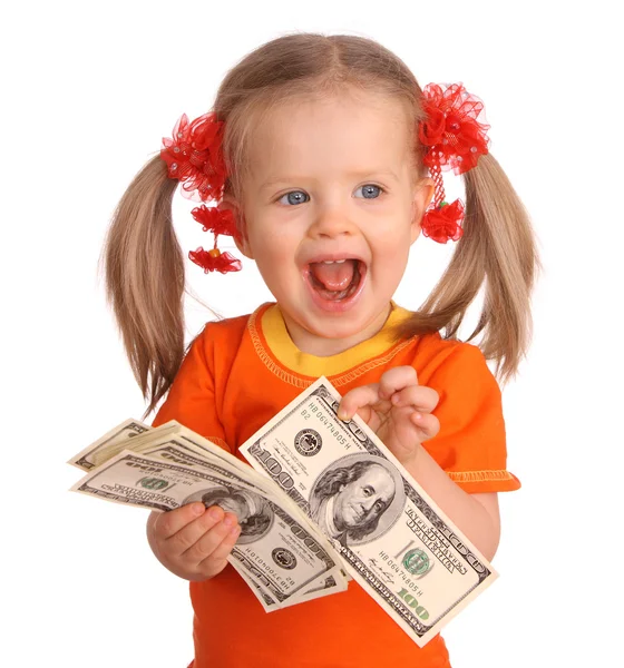 Bambina con banconota in dollaro . — Foto Stock