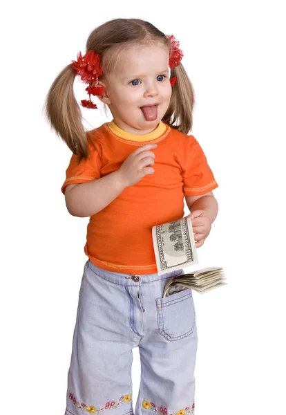 Дитяча дівчина з доларовою банкнотою . — стокове фото