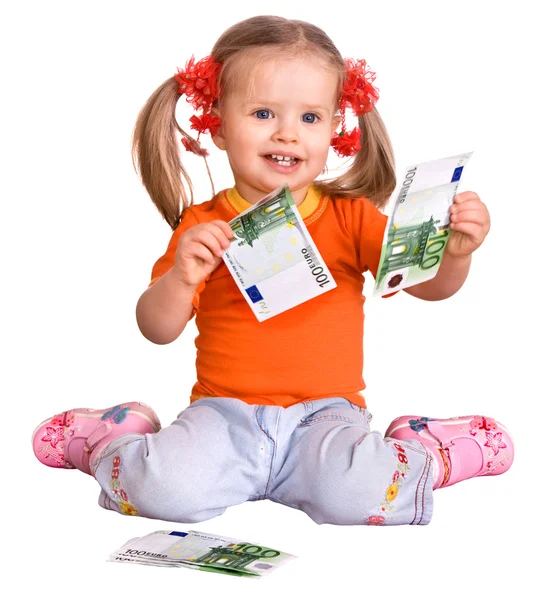 Criança em camiseta laranja com dinheiro euro . — Fotografia de Stock