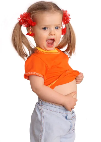 Turuncu tişört içinde kız bebek. — Stok fotoğraf