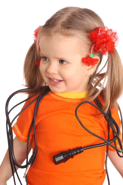 Child in orange t-shirt with wire. — Stock Photo, Image