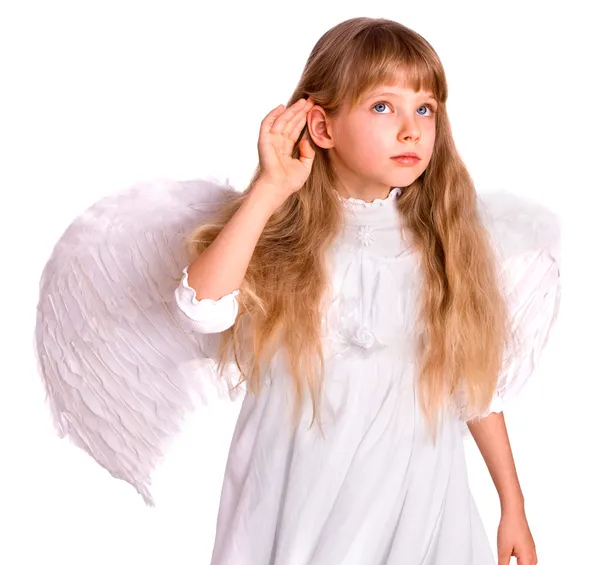 Girl child in angel costume listen, hand — Stock Photo, Image