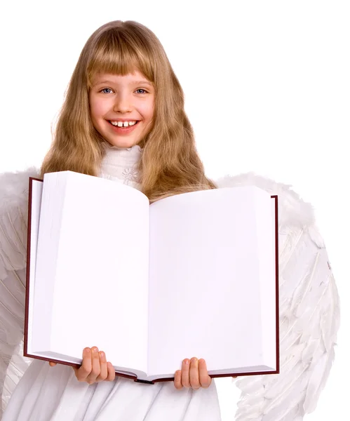 Mädchen im Engelskostüm mit Bannerbuch. — Stockfoto
