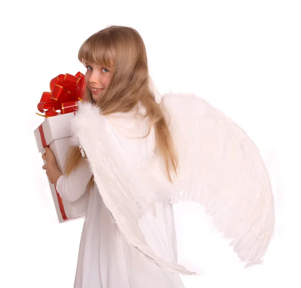 Girl in angel costume with book. — Stock Photo, Image