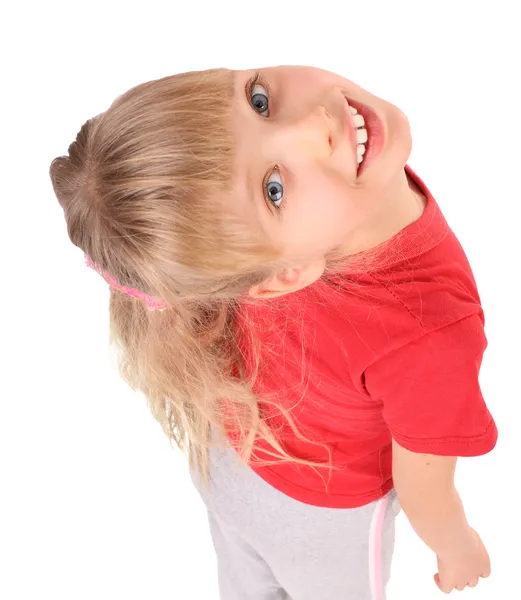 Kind in het rood t-shirt shout. — Stockfoto