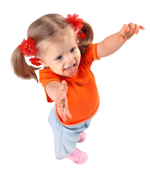 오렌지 t-셔츠에 있는 아기. 절연. — 스톡 사진