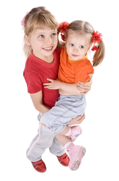 Gyermek lány narancssárga és piros póló. — Stock Fotó